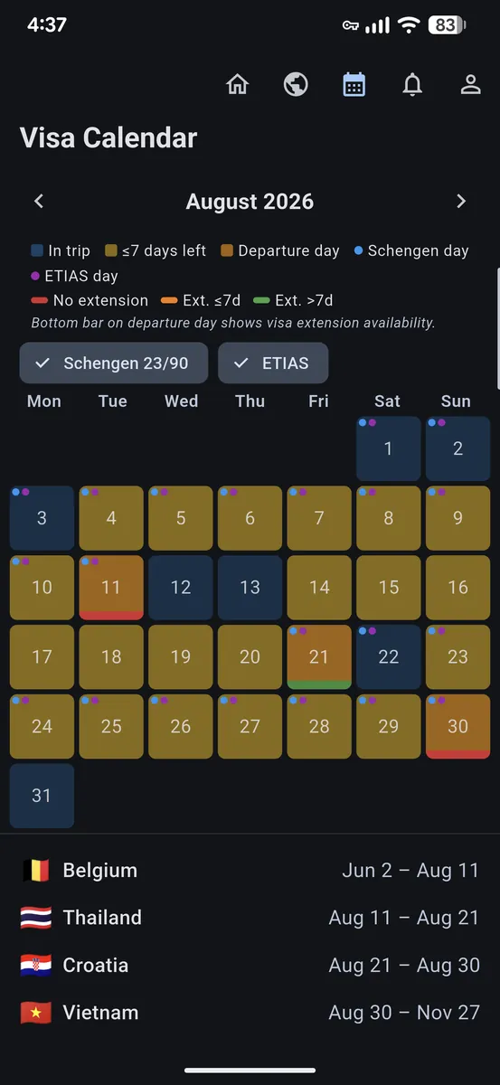 VisaStay visa calendar with Schengen days, ETIAS days, and extension indicators