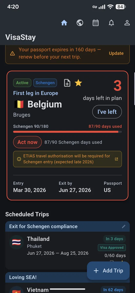 VisaStay home dashboard showing active trip countdown, Schengen 90/180 progress, and ETIAS notice