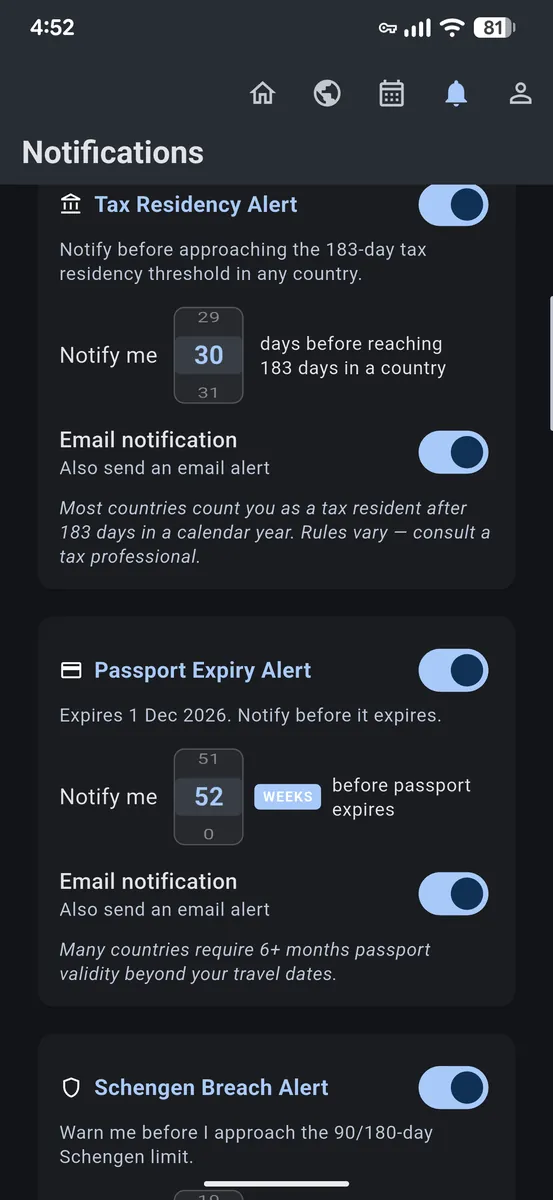VisaStay notification settings for tax residency and passport expiry alerts