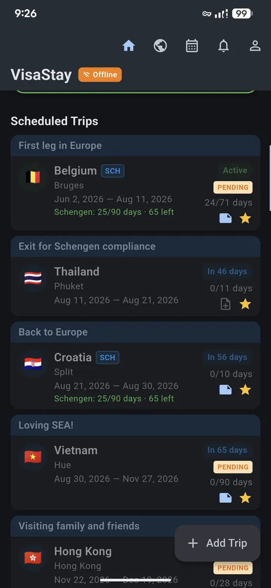VisaStay working offline with pending sync badges